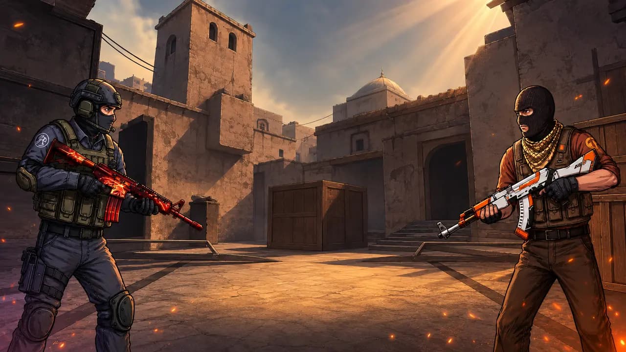 Two CS2 competitors facing each other in Dustline Skill Matches artwork
